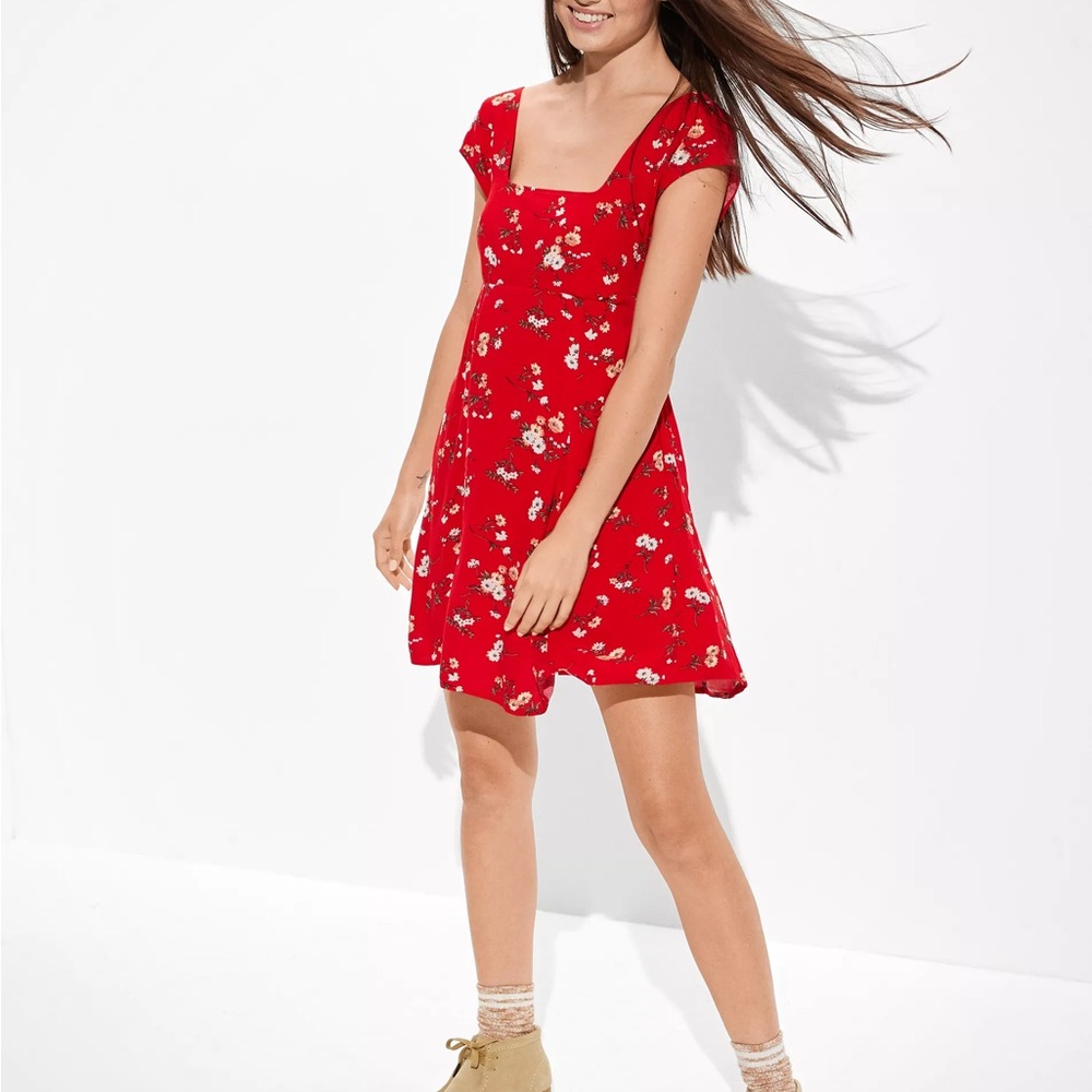 American Eagle Red Floral Cap Sleeve Mini Dress Cottage Prairie Size M